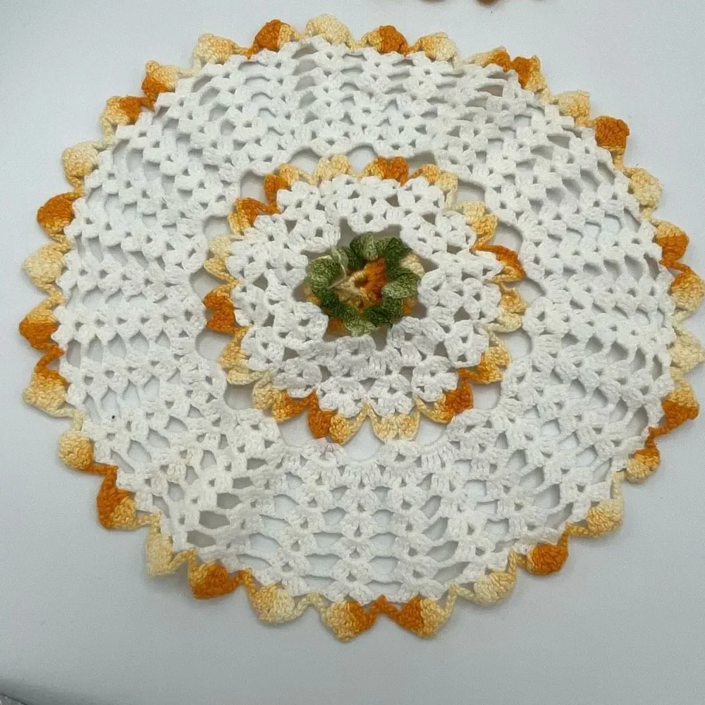 Vintage Set Of Doilies Yellow Trim Flower Centers Three